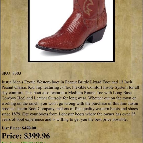 Justin 8303 Men's Exotic Western Boot with Peanut Brittle Lizard Foot - PERFECT! - Picture 11 of 12